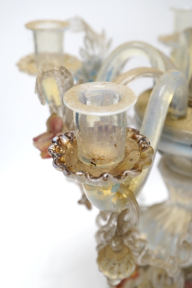 A 19th century Venetian glass candelabrum, 59cm. Condition - poor, several minor breaks